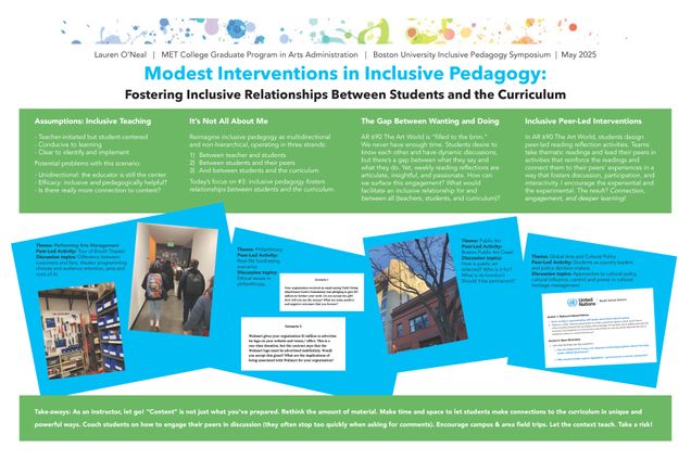 An educational poster titled "Modest Interventions in Inclusive Pedagogy: Fostering Inclusive Relationships Between Students and the Curriculum." Key sections include "Assumptions: Inclusive Teaching," "It's Not All About Me," "The Gap Between Wanting and Doing," and "Inclusive Peer-Led Interventions." The poster emphasizes student-centered learning, multicultural pedagogy, and peer-led activities. Themes include Arts Management, Philanthropy, Public Art, and Global Arts Policy, each with related activities and topics.