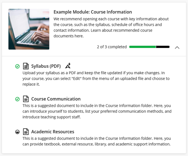 Screenshot of an example module structure, which contains documents for students to read. The module has progress tracking turned on, so there is a progress bar and checkmark indicators showing how far the user has gotten in the module.