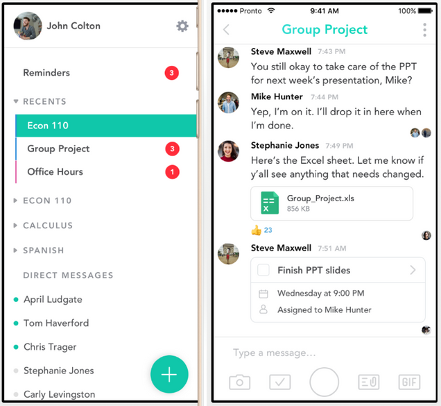A screenshot of the Pronto interface on a mobile device with examples of chat rooms for Econ 110, a group project, office hours, and more. There is also an example of a chat room between students who are discussing a group project and sharing files.