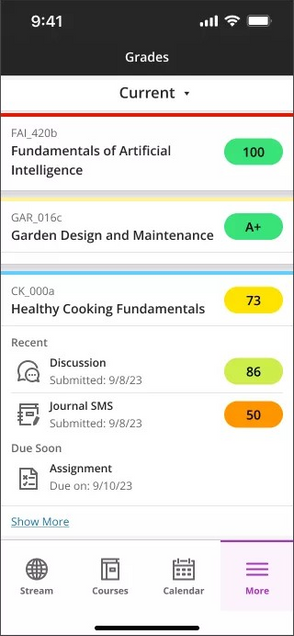 Screenshot of the Blackboard Ultra app on a mobile device. The current page is the Ultra Gradebook, displaying a student’s scores for each assignment in the course.