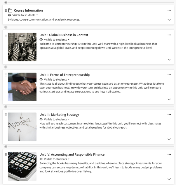 Example of Content-Based Structure. This screenshot features a sample course that has a course information folder, and then 4 modules about Entrepreneurship topics in a narrative format.