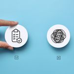 Two paper circles with a pattern of confusion on one and a clear line on the other. A person chooses clarity of thinking