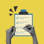 A grayscale hand holds a pen, checking items on a clipboard list with two green checkmarks, set against a bright yellow background with black accents.