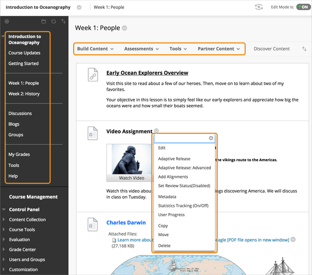 The image shows Blackboard learning management system (Original) interface for a course titled "Introduction to Oceanography." 