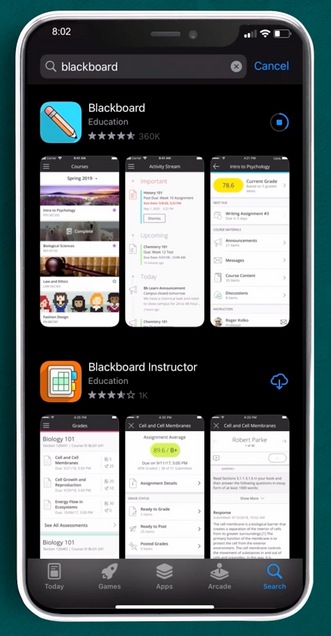 The image is a screenshot of an iPhone displaying App Store search results for "blackboard instructor" and ”Blackboard Student”.
