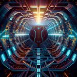 Futuristic tunnel with glowing blue and orange lights, sleek metallic walls, and a bright, radiant light at the end, creating a sense of depth and intrigue.