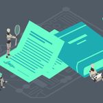 Robots examining and analyzing large documents with magnifying glasses, laptops, and tablets, set against a digital circuit background, conveying a tone of tech-driven research and exploration.