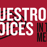 Red background with white text reading "Questrom Voices" and black text "In the Media." Behind the text is a black outline of a newspaper.