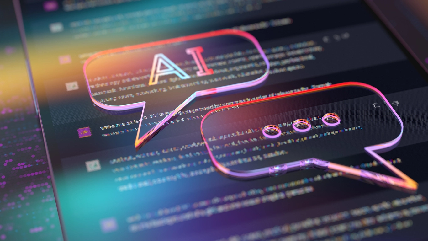 Glowing speech bubbles with "AI" and ellipses float over colorful code, symbolizing artificial intelligence communication. Futuristic and dynamic tone.