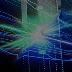 Futuristic server room with glowing blue and green energy lines flowing across racks of servers, conveying a sense of high-tech efficiency and speed.