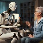 A humanoid robot hands a pill bottle to an elderly woman holding a glass of water. The setting is a cozy living room, suggesting caregiving and companionship.