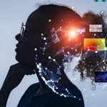 A silhouette of a person in profile against a gradient blue background, overlaid with digital data and images, suggesting technology and innovation.