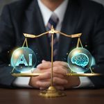 A person in a suit sits behind a balance scale. One side holds "AI" and the other a brain symbol, representing the balance of technology and human thought.