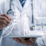 A doctor in a lab coat uses a tablet displaying a holographic human skeleton, DNA strand, and digital interface, suggesting futuristic healthcare technology.