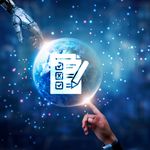 A robotic hand and human finger touch a glowing Earth, symbolizing technology and connection. A checklist icon overlays the globe; the background is a digital blue.
