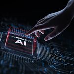 A hand reaches towards a glowing microchip labeled "Generative AI," set against a dark circuit board background. The scene conveys technology and innovation.