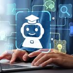 A person types on a laptop with a digital overlay of a smiling robot wearing a graduation cap. Icons around the robot suggest learning and innovation.
