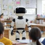 A small robot stands in a classroom, facing children seated at desks. The robot is white with black accents, and books and posters fill the bright room.