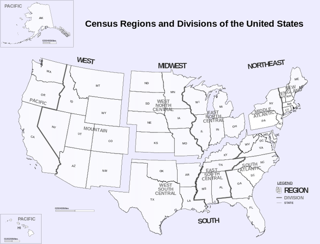 A map displaying the Census Regions and Divisions of the United States