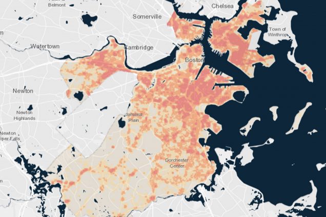 Map of urban heat islands within city of Boston.