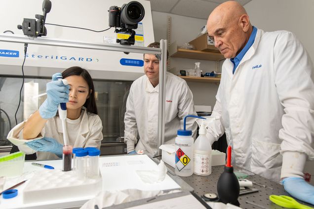 A BU team working to improve the science of bloodstain pattern analysis: PhD student Garam Lee (ENG’25) (from left); James Bird, an ENG associate professor of mechanical engineering; and Kenneth Martin, a clinical instructor in BU’s Biomedical Forensic Sciences program.