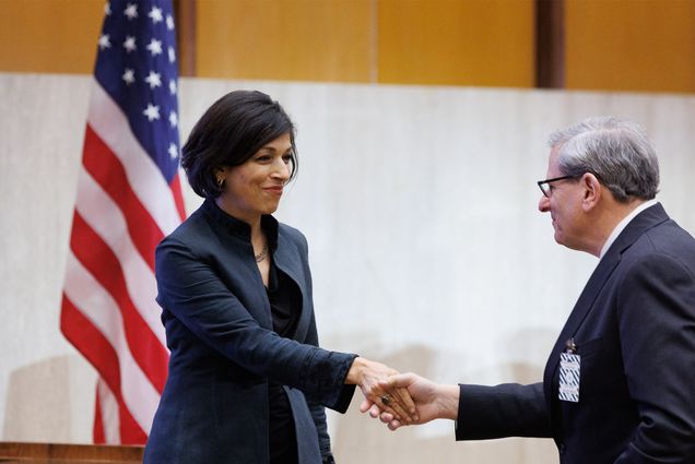 Rina Amiri, the State Department’s Special Envoy for Afghan Women, Girls, and Human Rights, and Kenneth Lutchen, BU provost ad interim.