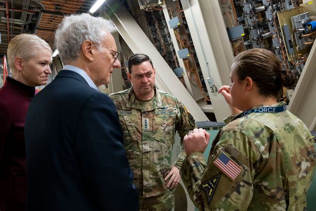 B. Chance Saltzman visits Pituffik Space Base, Greenland, in 2023, along with Celeste Wallander, assistant secretary of defense for international security affairs (far left), and Alan Leventhal (Hon.’09), US ambassador to Denmark, a BU trustee emeritus, and former chair of the University’s Board of Trustees.