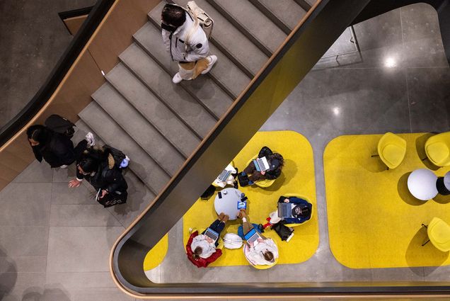 Looking down on the first floor of the Duan Family Center for Computing & Data Sciences on February 19.