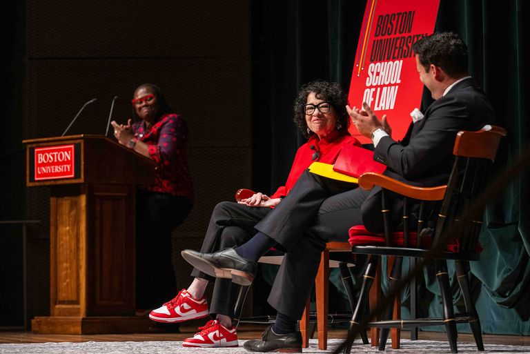 “Your reputation starts here,” Supreme Court Associate Justice Sonia Sotomayor (center) told Boston University law students October 24 at this year’s Shapiro Lecture. LAW Dean Angela Onwuachi-Willig (left) introduced Sotomayor and Cesar Lopez-Morales (LAW’14) (right) at the Tsai Performance Center.