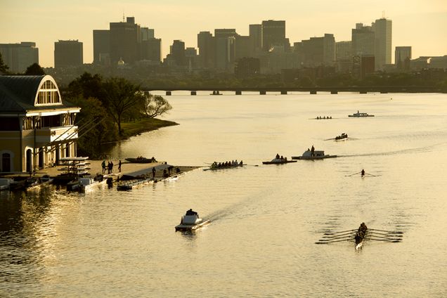 Morning sun lights up the Charles River in Boston