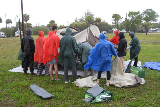BU ASB Hobe Sound, setting up tents in the rain Boston University Alternative Spring Break BU ASB, Hobe Sound Florida