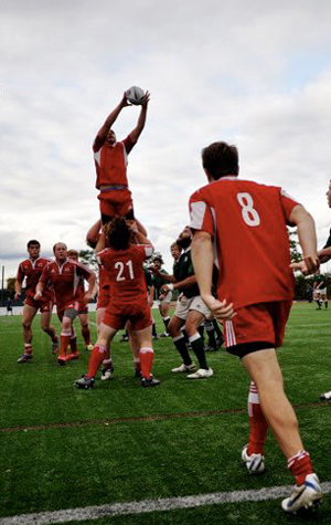BU Rugby Football Club, line-out vs UVM Boston University BU Rugby Football Club