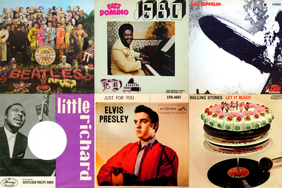 six album covers rock and roll album LP covers, Beatles, Fats Domino, Led Zeppelin, Little Richard, Elvis Presley, Rolling Stones