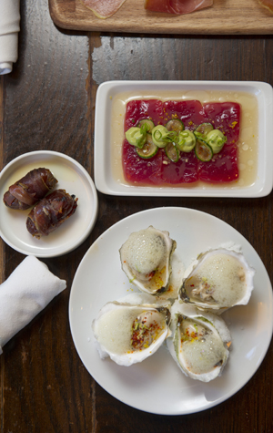 marinated oysters, dates and ham, yellowfin tuna at Toro tapas restaurant, places to eat in Boston, South End cuisine
