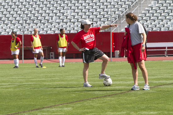BU women's soccer head coach Nancy Feldman and team practice at Nickerson Field Boston University BU Terriers women's soccer, head coach Nancy Feldman profile, Nickerson Field