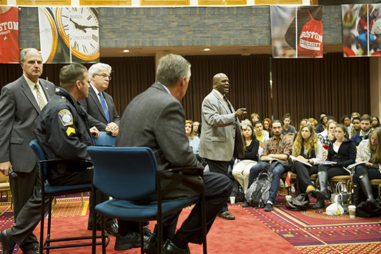 Boston University BU, Dean of Students Kenneth Elmore, Town Hall Meeting, Robberies, public safety, crime, BUPD, Brookline police