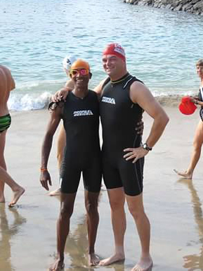 Ironmen Larry Lewis and Woodrow Freese, ready to race Larry Lewis and Woodrow Freese, Ironman Triathlon Kona Hawaii, Boston University BU associate director of residence life reslife