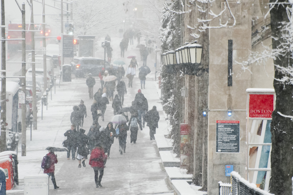 Boston University BU, snow campus, spring semester, Commonwealth Ave.