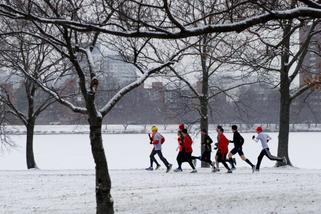 Boston University BU, track team, Charles River, snowy campus