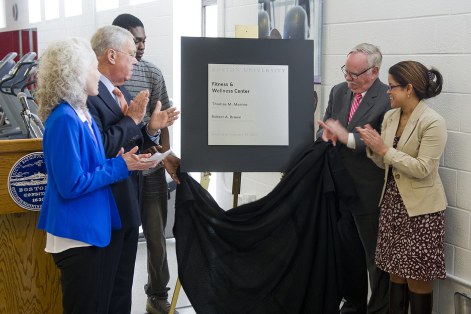 Boston University BU, Boston FitRec@Blackstone Community Center, Mayor Thomas Menino, BU President Robert Brown, Boston Public Health Commission, obesity, fitness, at-risk communities  