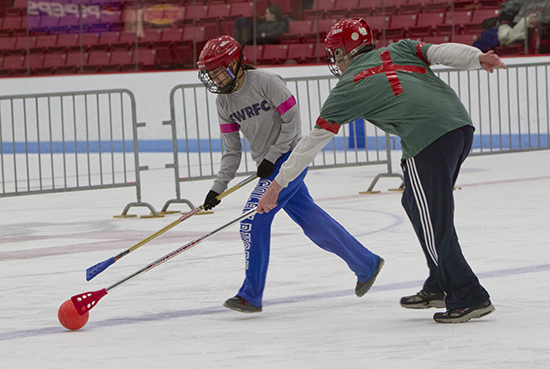 2nd Annual Winterfest Broomball BU Today, Winterfest 2013, ice skating, ice sculptures, BU Terriers, hockey, broomball, Marsh Chapel, alumni