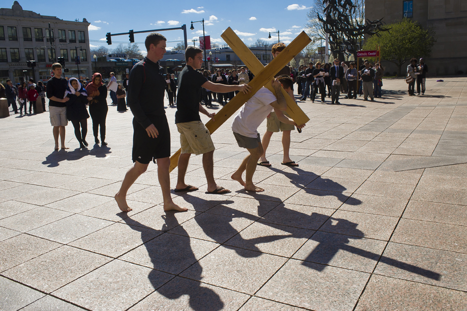 Boston University BU, Catholic Center, Good Friday, crucifixion reenactment