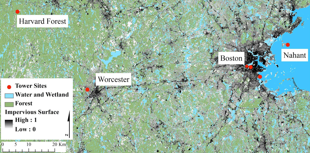 Boston ULTRA-Ex carbon dioxide measurement towers Boston ULTRA-Ex Urban Long-Term Research Area Exploratory, Boston Carbon Metabolism, carbon dioxide CO2 emissions, greenhouse gas emissions, climate change research, global warming, Boston University