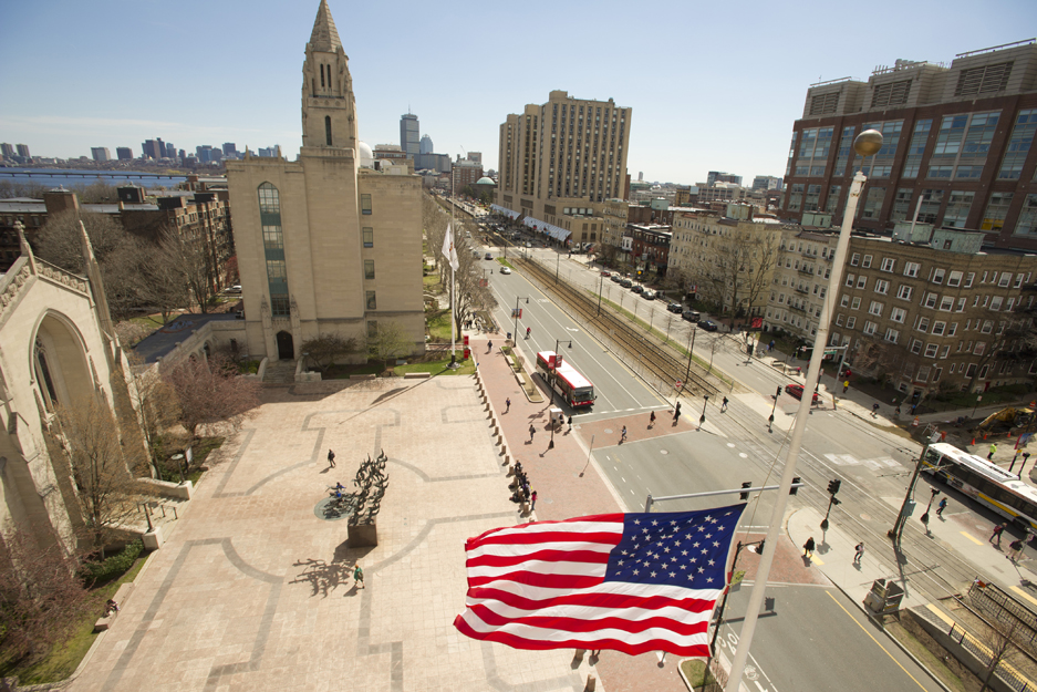 Boston University BU, Marsh Plaza, 117 annual Boston Marathon, patriot day, tragedy bombing copley square, flag half mast