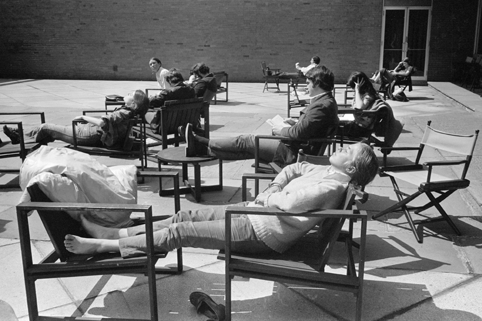 Students sun bathing, Boston University BU George Sherman Union GSU Second Floor Courtyard, Metcalf Ballroom