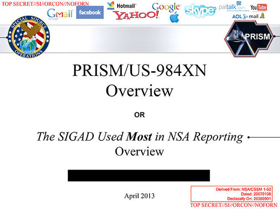 United States PRISM surveillance program, top secret document slide 1, National Security Agency NSA, National Intelligence
