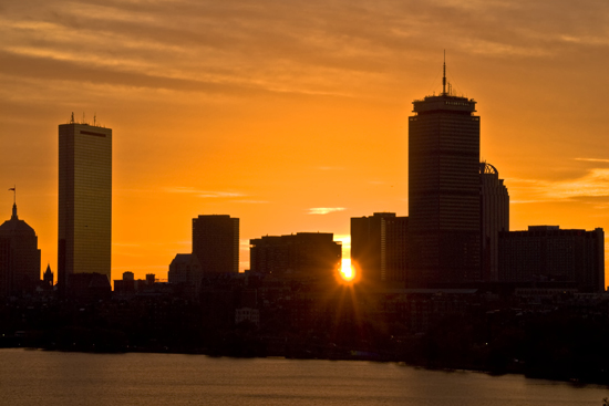 Boston, skyline, sunrise, Harvard Museums of Science and Culture solstice celebration