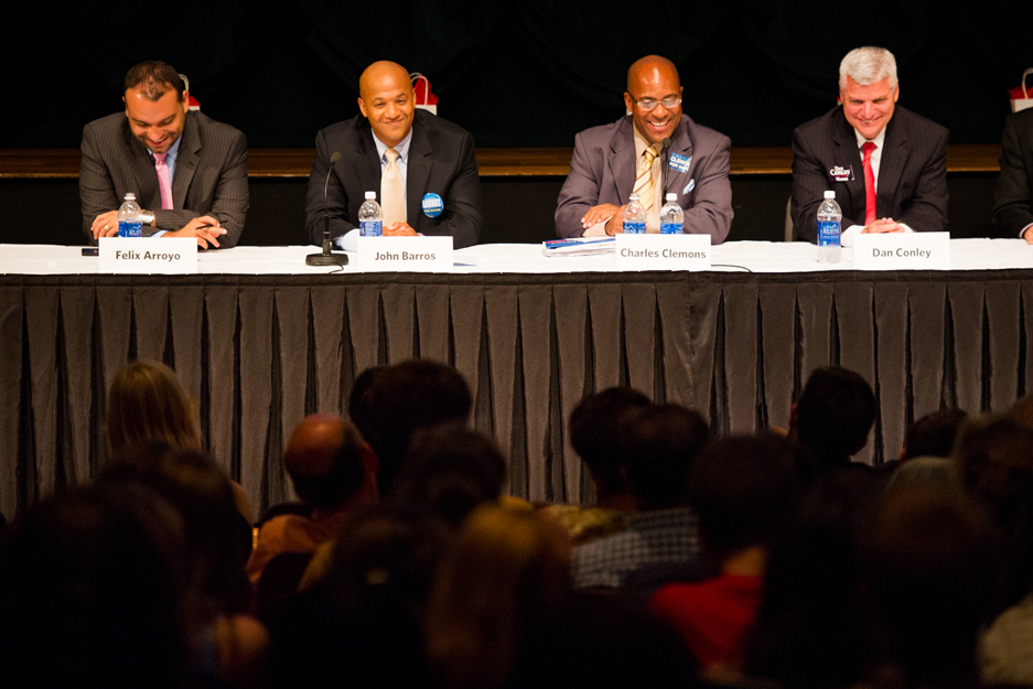 Boston University BU, Mayoral Candidates Felix G. Arroyo, John Barros, Charles Yancey, education forum, Tsai Performance Center
