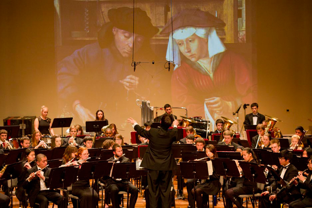 Boston University BU, Concert Band, The Louvre, holiday winter concert, Tsai Performing Arts Center, conductor Fred Sienkiewicz