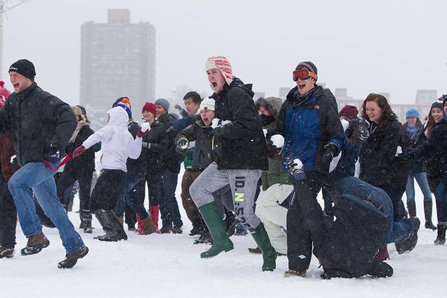Boston University BU, epic esplanade snow brawl ball fight